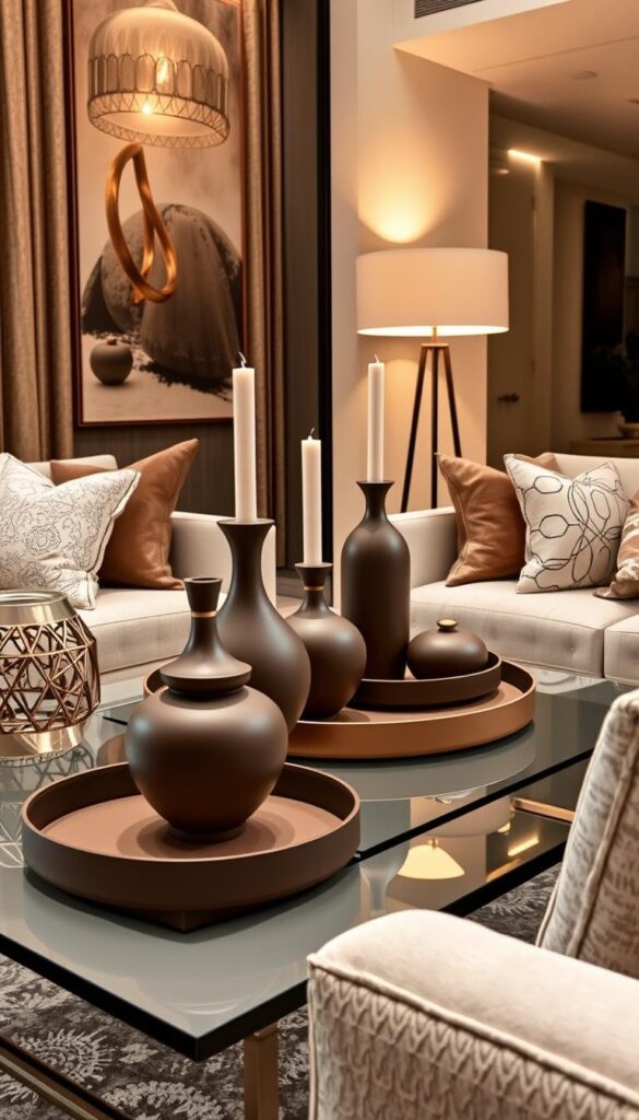 Elegant mocha mousse-inspired home accents arranged artfully in a stylish, modern interior. Smooth, rich chocolate-colored vases, candlesticks, and decorative trays sit atop a sleek, glass-topped coffee table. Warm lighting from a minimalist floor lamp casts a cozy glow, complementing the deep, earthy tones. Plush, neutral-colored textiles and a sculptural, metallic accent piece create a refined, sophisticated ambiance. The scene is captured through a wide-angle lens, emphasizing the harmonious balance and visual appeal of these mocha mousse-themed home décor elements. Elegant mocha mousse-inspired home accents arranged artfully in a stylish, modern interior. Smooth, rich chocolate-colored vases, candlesticks, and decorative trays sit atop a sleek, glass-topped coffee table. Warm lighting from a minimalist floor lamp casts a cozy glow, complementing the deep, earthy tones. Plush, neutral-colored textiles and a sculptural, metallic accent piece create a refined, sophisticated ambiance. The scene is captured through a wide-angle lens, emphasizing the harmonious balance and visual appeal of these mocha mousse-themed home décor elements.