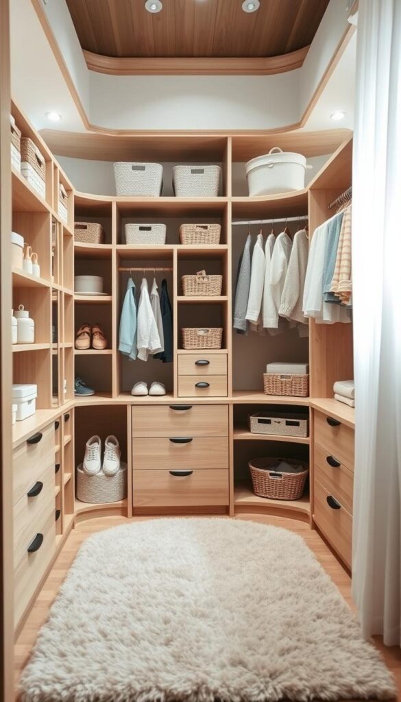 Elegant, well-organized kids' closet with a warm, inviting atmosphere. Wooden shelves and drawers in natural tones, complemented by soft pastel accessories. Varied storage solutions, including cubbies, hanging rods, and baskets, neatly arranged to maximize space. Gentle natural lighting filters through sheer curtains, casting a serene glow. Plush rug in muted colors underfoot, contributing to the cozy, nurturing feel. Strategically placed task lighting illuminates specific zones. The overall composition exudes a sense of order, functionality, and a touch of whimsy, perfect for a child's personal space. Elegant, well-organized kids' closet with a warm, inviting atmosphere. Wooden shelves and drawers in natural tones, complemented by soft pastel accessories. Varied storage solutions, including cubbies, hanging rods, and baskets, neatly arranged to maximize space. Gentle natural lighting filters through sheer curtains, casting a serene glow. Plush rug in muted colors underfoot, contributing to the cozy, nurturing feel. Strategically placed task lighting illuminates specific zones. The overall composition exudes a sense of order, functionality, and a touch of whimsy, perfect for a child's personal space.