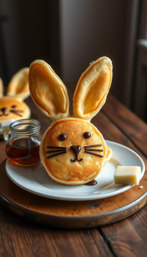 Fluffy, golden-brown bunny-shaped pancakes arranged on a rustic wooden table, softly lit from the side with warm, natural lighting. The pancakes have distinctive large round ears, a small round nose, and whisker-like details created with chocolate syrup. A small glass pitcher of maple syrup and a pat of butter sit next to the pancakes, complementing the cozy, inviting scene. The background is slightly blurred, allowing the pancakes to be the central focus, showcasing their charming, whimsical appearance. Fluffy, golden-brown bunny-shaped pancakes arranged on a rustic wooden table, softly lit from the side with warm, natural lighting. The pancakes have distinctive large round ears, a small round nose, and whisker-like details created with chocolate syrup. A small glass pitcher of maple syrup and a pat of butter sit next to the pancakes, complementing the cozy, inviting scene. The background is slightly blurred, allowing the pancakes to be the central focus, showcasing their charming, whimsical appearance.