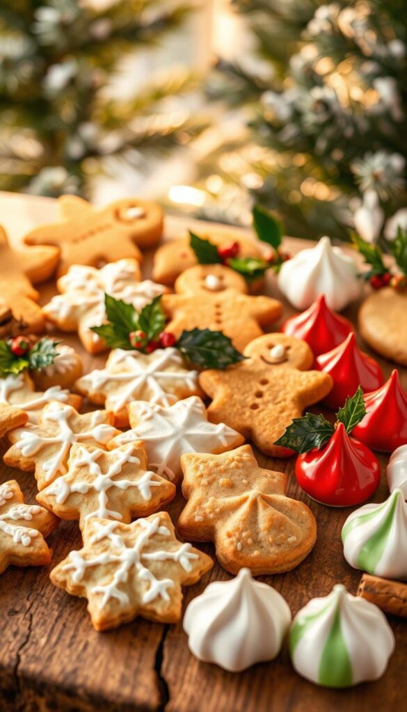 Gluten-Free Holiday Cookies: A Festive Spread A bountiful array of delectable gluten-free cookies, perfectly arranged on a rustic wooden table. Snowflake-shaped shortbread, soft gingerbread men, and vibrant red and green meringue kisses. The cookies are bathed in warm, golden light, casting a cozy glow. Sprigs of holly and cinnamon sticks add a touch of holiday cheer, complementing the cookies' festive shapes and colors. The table is framed by a backdrop of gently blurred pine trees, hinting at a winter wonderland just beyond. An inviting and mouthwatering scene, perfect for a celebration of flavor and tradition. Gluten-Free Holiday Cookies: A Festive Spread A bountiful array of delectable gluten-free cookies, perfectly arranged on a rustic wooden table. Snowflake-shaped shortbread, soft gingerbread men, and vibrant red and green meringue kisses. The cookies are bathed in warm, golden light, casting a cozy glow. Sprigs of holly and cinnamon sticks add a touch of holiday cheer, complementing the cookies' festive shapes and colors. The table is framed by a backdrop of gently blurred pine trees, hinting at a winter wonderland just beyond. An inviting and mouthwatering scene, perfect for a celebration of flavor and tradition.