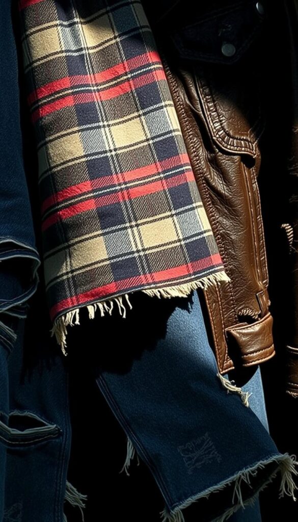 Grunge fashion fabrics and textures: a gritty, worn tapestry of denim, flannel, and leather. In the foreground, shredded denim with raw edges and faded indigo hues. Overlapping in the middle, a patchwork of plaid flannel in muted tones, softened by time. In the background, a distressed leather jacket, its surface cracked and scuffed, evoking a rugged, rebellious spirit. Dramatic side lighting casts deep shadows, accentuating the tactile qualities of the materials. The overall atmosphere is one of edgy, lived-in style, reflecting the essence of the grunge aesthetic. Grunge fashion fabrics and textures: a gritty, worn tapestry of denim, flannel, and leather. In the foreground, shredded denim with raw edges and faded indigo hues. Overlapping in the middle, a patchwork of plaid flannel in muted tones, softened by time. In the background, a distressed leather jacket, its surface cracked and scuffed, evoking a rugged, rebellious spirit. Dramatic side lighting casts deep shadows, accentuating the tactile qualities of the materials. The overall atmosphere is one of edgy, lived-in style, reflecting the essence of the grunge aesthetic.