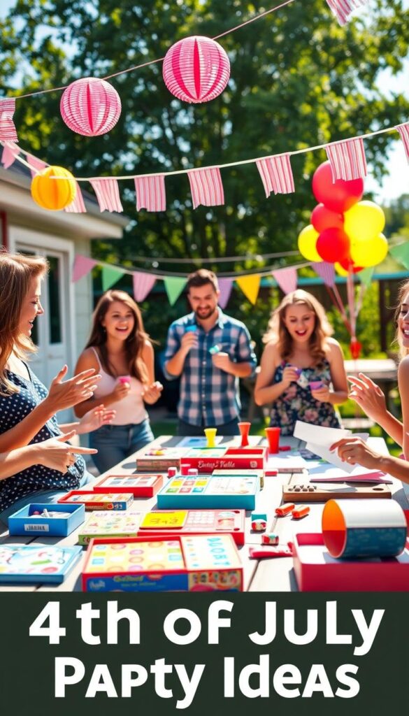 High-energy, colorful party games in a lively backyard setting. In the foreground, a group of friends enthusiastically playing an interactive board game or charades, with vibrant decorations and festive balloons in the background. Bright natural lighting dapples the scene, creating a warm, joyful atmosphere. A mix of classic and contemporary games are spread out on a picnic table, inviting guests to engage in friendly competition and laughter. The overall composition conveys a sense of shared celebration and camaraderie, perfectly suited for an article on 4th of July party ideas. High-energy, colorful party games in a lively backyard setting. In the foreground, a group of friends enthusiastically playing an interactive board game or charades, with vibrant decorations and festive balloons in the background. Bright natural lighting dapples the scene, creating a warm, joyful atmosphere. A mix of classic and contemporary games are spread out on a picnic table, inviting guests to engage in friendly competition and laughter. The overall composition conveys a sense of shared celebration and camaraderie, perfectly suited for an article on 4th of July party ideas.