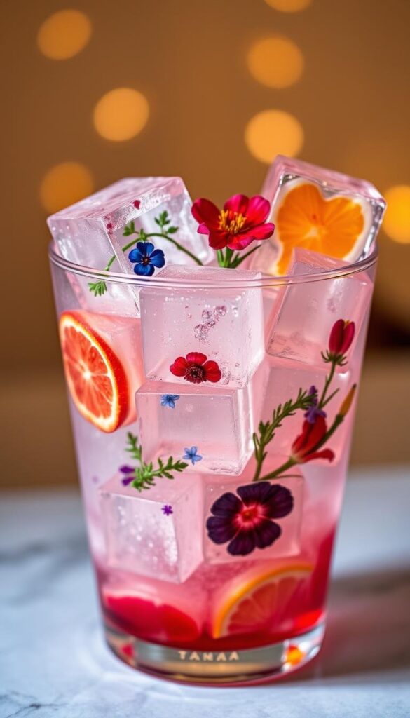 Intricate and eye-catching ice cubes, crafted with a creative flair, capturing the essence of a refreshing 4th of July celebration. A stunning array of cubes in various shapes and hues, infused with vibrant fruit slices, herbs, and edible flowers, resting in a chilled glass filled with a sparkling, thirst-quenching beverage. Soft, diffused lighting casts a warm glow, highlighting the translucent, icy sculptures and the delicate interplay of colors. The overall scene exudes a sense of sophistication, artistry, and a playful, festive spirit, perfectly complementing the "Refreshing Drink Ideas" section of the 4th of July party article. Intricate and eye-catching ice cubes, crafted with a creative flair, capturing the essence of a refreshing 4th of July celebration. A stunning array of cubes in various shapes and hues, infused with vibrant fruit slices, herbs, and edible flowers, resting in a chilled glass filled with a sparkling, thirst-quenching beverage. Soft, diffused lighting casts a warm glow, highlighting the translucent, icy sculptures and the delicate interplay of colors. The overall scene exudes a sense of sophistication, artistry, and a playful, festive spirit, perfectly complementing the "Refreshing Drink Ideas" section of the 4th of July party article.