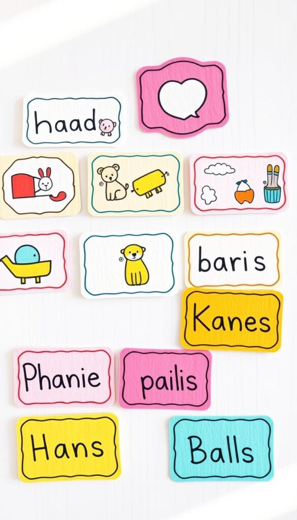 Labels for organizing kids' play area. A playful arrangement of colorful, whimsical labels for toy bins, shelves, and storage containers. The labels feature hand-drawn illustrations of animals, shapes, and playful icons in a vibrant, kid-friendly palette. The labels are displayed against a bright, airy background, possibly a white or light wood surface, creating a clean, modern aesthetic. Soft, diffused lighting creates a warm, inviting atmosphere, highlighting the tactile, textured quality of the labels. The composition is balanced and visually appealing, showcasing the labels in an organized, yet visually engaging manner.