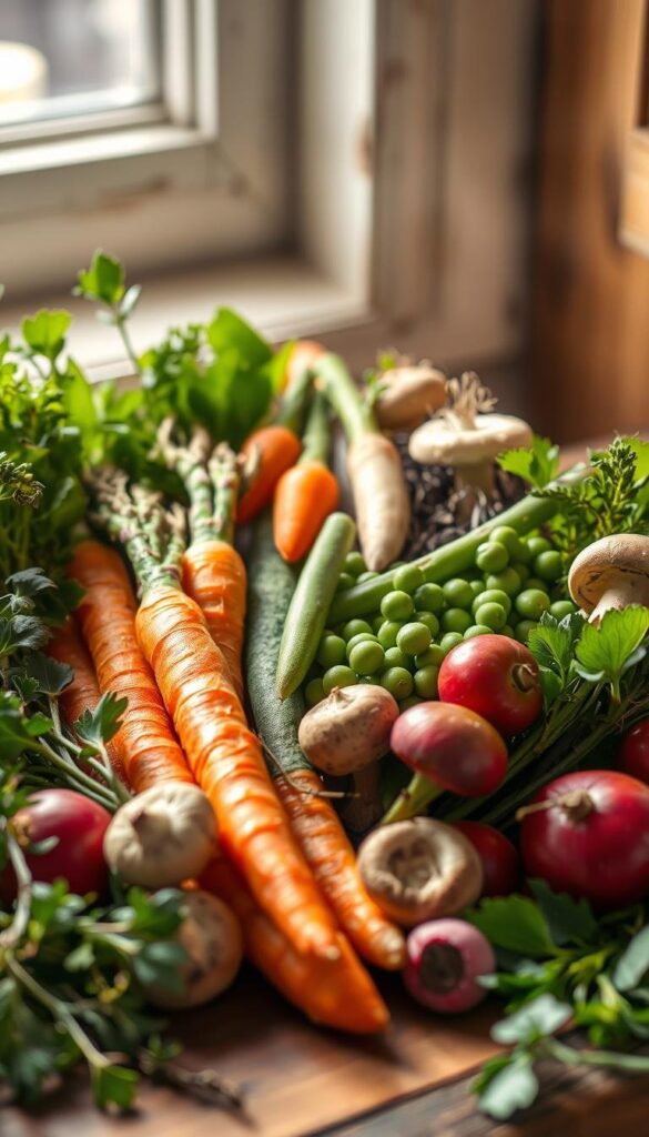 Lush, vibrant spring vegetables arranged in a rustic one-pot scene. Carrots, asparagus, peas, and radishes nestled among fresh herbs and mushrooms, illuminated by soft natural light filtering through a window. The composition is balanced, with the foreground items in focus and the background hazy, creating depth and a sense of coziness. The overall mood is earthy, inviting, and evocative of the season's bounty, perfect for a comforting one-pot meal. Lush, vibrant spring vegetables arranged in a rustic one-pot scene. Carrots, asparagus, peas, and radishes nestled among fresh herbs and mushrooms, illuminated by soft natural light filtering through a window. The composition is balanced, with the foreground items in focus and the background hazy, creating depth and a sense of coziness. The overall mood is earthy, inviting, and evocative of the season's bounty, perfect for a comforting one-pot meal.