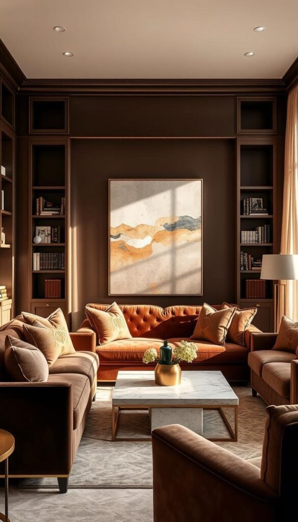 Luxurious home decor color schemes featuring a sumptuous mocha mousse hue. A cozy yet refined living room with plush velvet furniture in rich shades of brown, accented by warm gold and brass accents. Soft, diffused natural lighting filters through sheer curtains, casting a gentle glow. The space is adorned with decorative throw pillows, a large abstract painting, and a sleek marble coffee table. Bookshelves line the walls, adding depth and texture. The overall atmosphere is one of sophisticated elegance and inviting comfort. Luxurious home decor color schemes featuring a sumptuous mocha mousse hue. A cozy yet refined living room with plush velvet furniture in rich shades of brown, accented by warm gold and brass accents. Soft, diffused natural lighting filters through sheer curtains, casting a gentle glow. The space is adorned with decorative throw pillows, a large abstract painting, and a sleek marble coffee table. Bookshelves line the walls, adding depth and texture. The overall atmosphere is one of sophisticated elegance and inviting comfort.