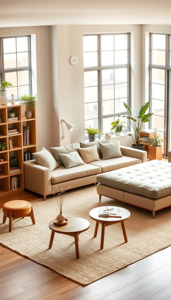 Modular, reconfigurable furniture in a bright, airy living room. A minimalist sofa with movable cushions seamlessly transitions into a daybed. Modular shelving units flank the space, their cubbies and compartments housing plants, books, and decor. Warm, diffuse lighting filters through large windows, casting a soft glow. Mid-century inspired coffee tables with minimalist, geometric forms can be rearranged as needed. The overall atmosphere is one of versatility, simplicity, and harmonious functionality, perfectly suited to transform and maximize the living space. Modular, reconfigurable furniture in a bright, airy living room. A minimalist sofa with movable cushions seamlessly transitions into a daybed. Modular shelving units flank the space, their cubbies and compartments housing plants, books, and decor. Warm, diffuse lighting filters through large windows, casting a soft glow. Mid-century inspired coffee tables with minimalist, geometric forms can be rearranged as needed. The overall atmosphere is one of versatility, simplicity, and harmonious functionality, perfectly suited to transform and maximize the living space.