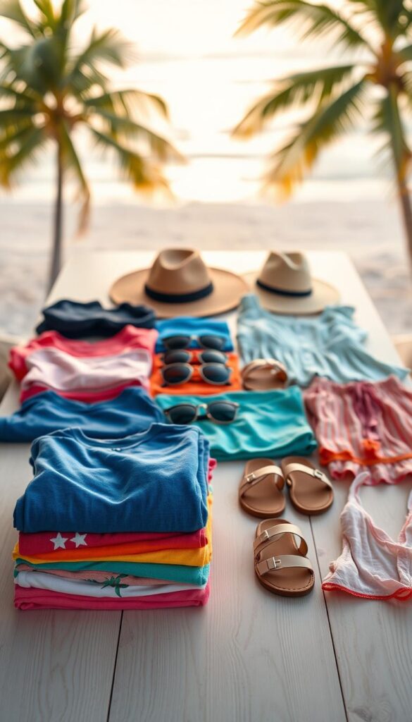 Neatly organized last-minute summer vacation outfits laid out on a light wooden table. In the foreground, a stack of folded t-shirts, shorts, and sundresses in vibrant tropical colors. In the middle ground, accessories like sunglasses, hats, and sandals are arranged in a visually appealing 5-5-5 grid. The background features a soft, blurred beach scene with palm trees swaying gently. Warm, natural lighting casts a golden glow over the entire composition, evoking a carefree, summery atmosphere. The overall scene conveys a sense of effortless, last-minute packing for a spontaneous summer vacation. Neatly organized last-minute summer vacation outfits laid out on a light wooden table. In the foreground, a stack of folded t-shirts, shorts, and sundresses in vibrant tropical colors. In the middle ground, accessories like sunglasses, hats, and sandals are arranged in a visually appealing 5-5-5 grid. The background features a soft, blurred beach scene with palm trees swaying gently. Warm, natural lighting casts a golden glow over the entire composition, evoking a carefree, summery atmosphere. The overall scene conveys a sense of effortless, last-minute packing for a spontaneous summer vacation.