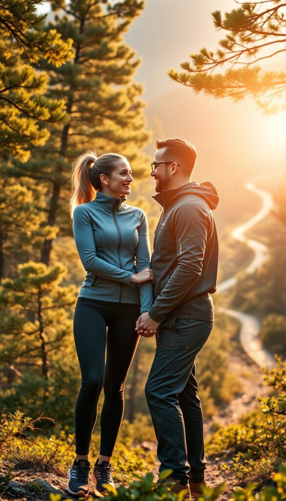 Outdoor Valentine's outfits for adventure dates: A couple dressed in stylish, functional activewear stand amidst a lush, verdant forest. Warm, golden sunlight filters through the canopy, casting a romantic glow. In the foreground, the woman wears a cozy, fitted fleece jacket in a vibrant hue, paired with sleek, high-performance leggings. The man sports a rugged, weatherproof jacket with subtle accent details, complemented by durable, flexible hiking pants. They hold hands, gazing into each other's eyes, exuding a sense of playful adventure and affection. In the background, a winding mountain trail winds through the scenic landscape, hinting at the promise of an exciting, outdoor-inspired Valentine's Day date. Outdoor Valentine's outfits for adventure dates: A couple dressed in stylish, functional activewear stand amidst a lush, verdant forest. Warm, golden sunlight filters through the canopy, casting a romantic glow. In the foreground, the woman wears a cozy, fitted fleece jacket in a vibrant hue, paired with sleek, high-performance leggings. The man sports a rugged, weatherproof jacket with subtle accent details, complemented by durable, flexible hiking pants. They hold hands, gazing into each other's eyes, exuding a sense of playful adventure and affection. In the background, a winding mountain trail winds through the scenic landscape, hinting at the promise of an exciting, outdoor-inspired Valentine's Day date.