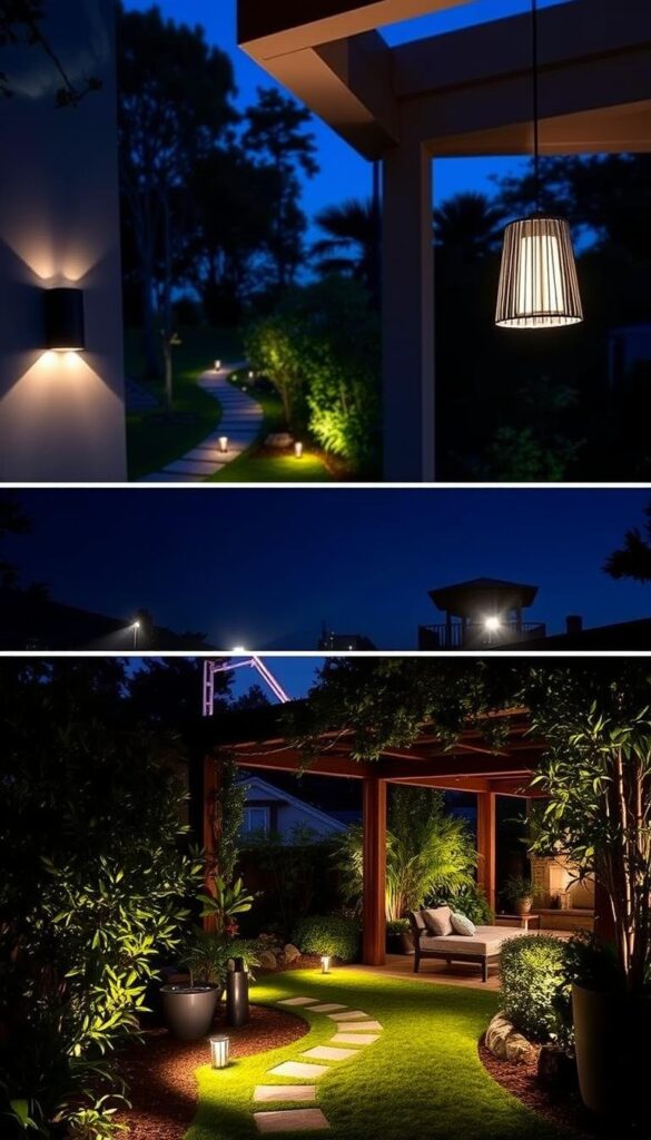 Outdoor lighting ideas for functionality: a well-lit garden path winding through lush foliage, solar-powered path lights lining the way, casting a warm, inviting glow. In the foreground, a modern wall sconce illuminates a cozy seating area, its minimalist design blending seamlessly with the natural surroundings. Overhead, a statement pendant light hangs from a pergola, casting a soft, ambient light perfect for late-night gatherings. The middle ground showcases a mix of spotlights and floodlights, strategically placed to highlight architectural features and create depth. Throughout, the lighting works in harmony to provide both practical illumination and a cohesive, aesthetically pleasing ambiance. Outdoor lighting ideas for functionality: a well-lit garden path winding through lush foliage, solar-powered path lights lining the way, casting a warm, inviting glow. In the foreground, a modern wall sconce illuminates a cozy seating area, its minimalist design blending seamlessly with the natural surroundings. Overhead, a statement pendant light hangs from a pergola, casting a soft, ambient light perfect for late-night gatherings. The middle ground showcases a mix of spotlights and floodlights, strategically placed to highlight architectural features and create depth. Throughout, the lighting works in harmony to provide both practical illumination and a cohesive, aesthetically pleasing ambiance.