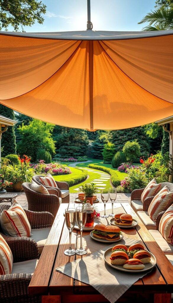 Outdoor party setup with a spacious, sun-dappled patio. A large, elegant canopy casting warm, ambient light over a collection of comfortable wicker chairs and plush, cushioned sofas. A wooden picnic table is set with a festive tablecloth, glistening glassware, and plates of freshly grilled burgers and hot dogs. In the background, a lush, verdant garden frames the scene, with vibrant flowers and meandering pathways. The overall atmosphere conveys a sense of relaxation, celebration, and togetherness - perfect for an unforgettable 4th of July gathering. Outdoor party setup with a spacious, sun-dappled patio. A large, elegant canopy casting warm, ambient light over a collection of comfortable wicker chairs and plush, cushioned sofas. A wooden picnic table is set with a festive tablecloth, glistening glassware, and plates of freshly grilled burgers and hot dogs. In the background, a lush, verdant garden frames the scene, with vibrant flowers and meandering pathways. The overall atmosphere conveys a sense of relaxation, celebration, and togetherness - perfect for an unforgettable 4th of July gathering.