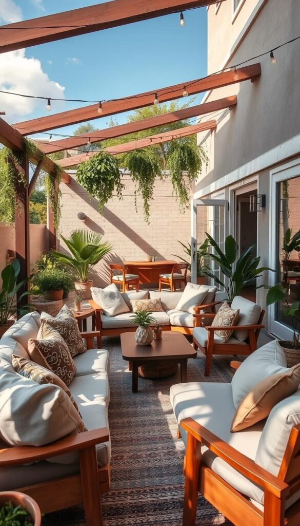 Patio on a sunny afternoon, intimate seating arrangement with plush cushions and throw pillows in muted tones, mid-century modern furniture in warm wood tones, lush potted plants and hanging greenery, string lights draped overhead, creating a cozy ambiance, wide glass doors leading to the interior, natural light filtering in, blurring the boundary between indoor and outdoor living, the scene captured through a wide-angle lens to emphasize the expansive, welcoming feel of the space. Patio on a sunny afternoon, intimate seating arrangement with plush cushions and throw pillows in muted tones, mid-century modern furniture in warm wood tones, lush potted plants and hanging greenery, string lights draped overhead, creating a cozy ambiance, wide glass doors leading to the interior, natural light filtering in, blurring the boundary between indoor and outdoor living, the scene captured through a wide-angle lens to emphasize the expansive, welcoming feel of the space.