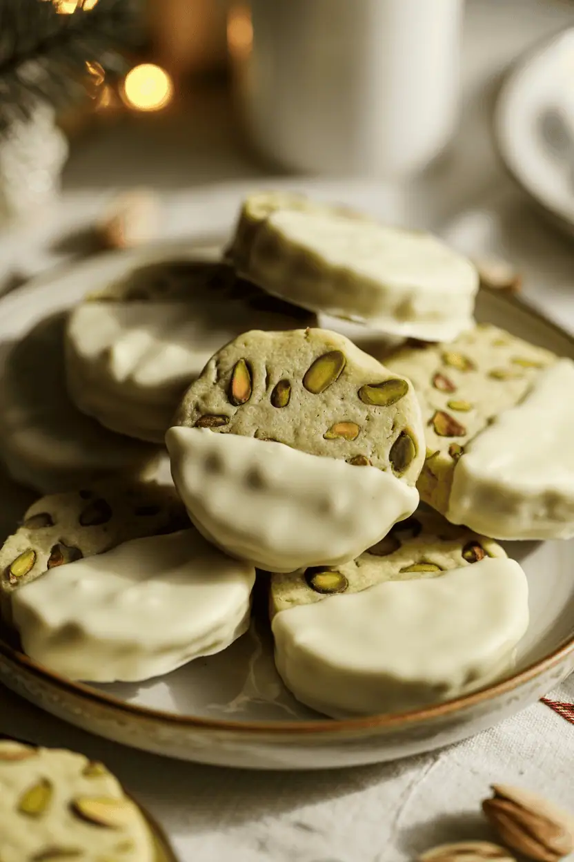 Pistachio Shortbread Dipped in White Chocolate