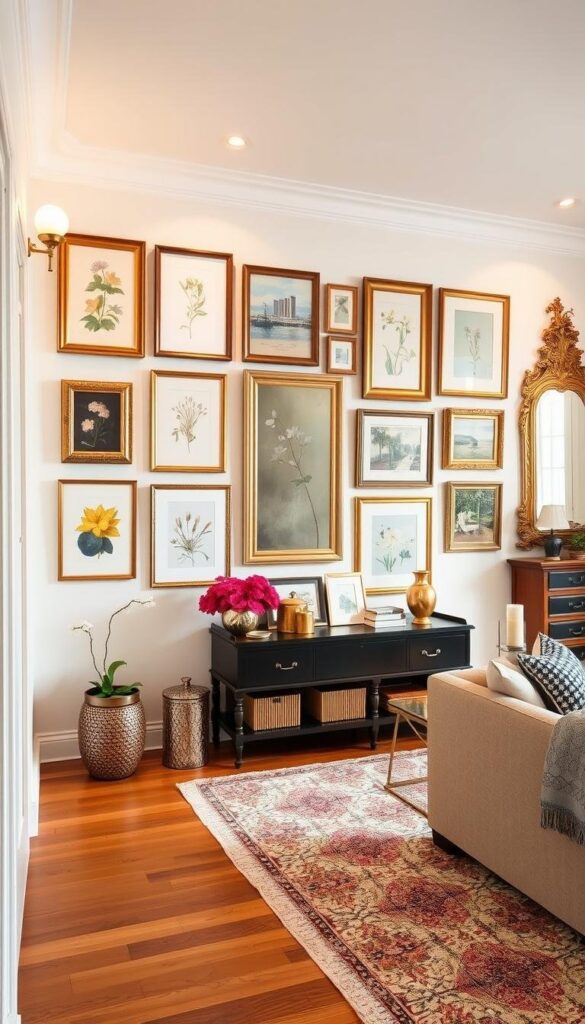 Preppy home accessories gallery wall with meticulously curated antique frames, brass accents, and a mix of traditional and modern artwork. Soft, warm lighting from sconces and recessed fixtures casts a cozy ambiance across the pristine white walls. An assortment of botanical prints, abstract paintings, and gilded mirrors create visual interest and depth. Organized in a cohesive, symmetrical layout, the gallery exudes a sophisticated, timeless charm. Hardwood floors and plush area rugs complement the classic, preppy aesthetic. The overall scene evokes a sense of refined elegance and understated luxury. Preppy home accessories gallery wall with meticulously curated antique frames, brass accents, and a mix of traditional and modern artwork. Soft, warm lighting from sconces and recessed fixtures casts a cozy ambiance across the pristine white walls. An assortment of botanical prints, abstract paintings, and gilded mirrors create visual interest and depth. Organized in a cohesive, symmetrical layout, the gallery exudes a sophisticated, timeless charm. Hardwood floors and plush area rugs complement the classic, preppy aesthetic. The overall scene evokes a sense of refined elegance and understated luxury.