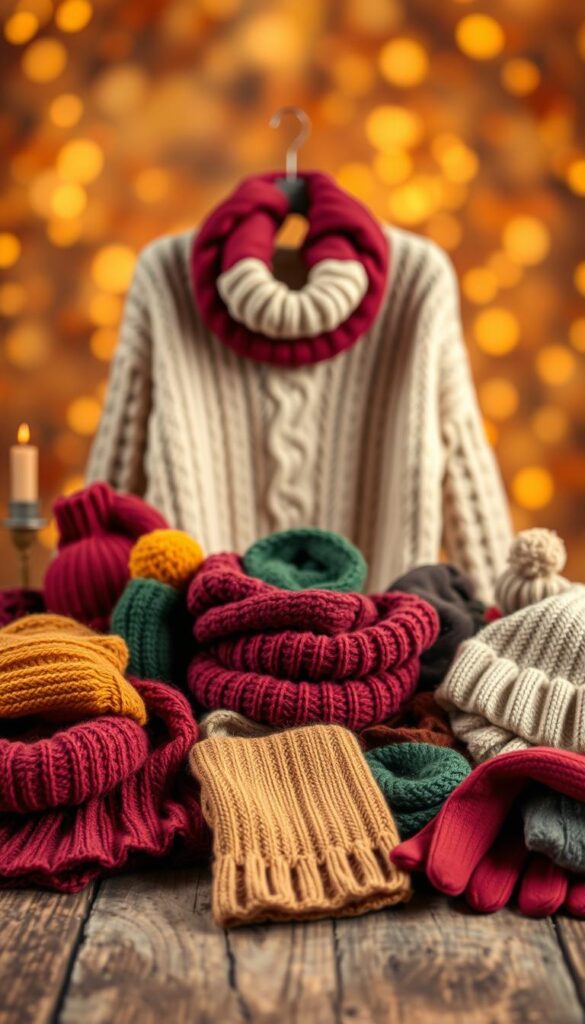 Prompt A cozy autumn scene with an array of fall accessories for sweater styling. In the foreground, an assortment of knitted scarves, beanies, and gloves in rich autumnal hues - burgundy, mustard, and forest green - arranged artfully on a rustic wooden surface. In the middle ground, a soft, oversized cable-knit sweater in a neutral tone, draped casually. The background features a warm, golden-hued bokeh effect, evoking the glow of the season. The lighting is soft and diffused, creating a cozy, inviting atmosphere. Captured with a shallow depth of field to draw the eye to the carefully curated accessories. Prompt A cozy autumn scene with an array of fall accessories for sweater styling. In the foreground, an assortment of knitted scarves, beanies, and gloves in rich autumnal hues - burgundy, mustard, and forest green - arranged artfully on a rustic wooden surface. In the middle ground, a soft, oversized cable-knit sweater in a neutral tone, draped casually. The background features a warm, golden-hued bokeh effect, evoking the glow of the season. The lighting is soft and diffused, creating a cozy, inviting atmosphere. Captured with a shallow depth of field to draw the eye to the carefully curated accessories.