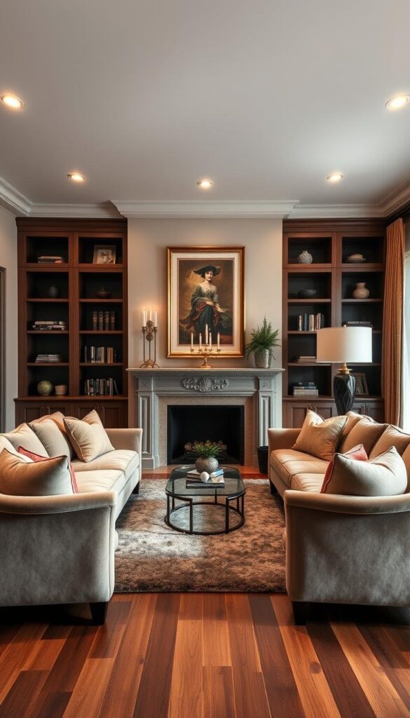 Refined living room with a striking focal point. A warm, inviting space with plush velvet sofas arranged in a semi-circle, drawing the eye towards a stunning fireplace mantel adorned with elegant candelabras and framed artwork. Soft lighting from recessed fixtures and a large, decorative floor lamp creates a cozy ambiance. Hardwood floors are complemented by a lush, textured area rug. Tall, stately bookcases flank the fireplace, adding depth and visual interest. The overall composition exudes a sense of balance, comfort, and refined sophistication. Refined living room with a striking focal point. A warm, inviting space with plush velvet sofas arranged in a semi-circle, drawing the eye towards a stunning fireplace mantel adorned with elegant candelabras and framed artwork. Soft lighting from recessed fixtures and a large, decorative floor lamp creates a cozy ambiance. Hardwood floors are complemented by a lush, textured area rug. Tall, stately bookcases flank the fireplace, adding depth and visual interest. The overall composition exudes a sense of balance, comfort, and refined sophistication.