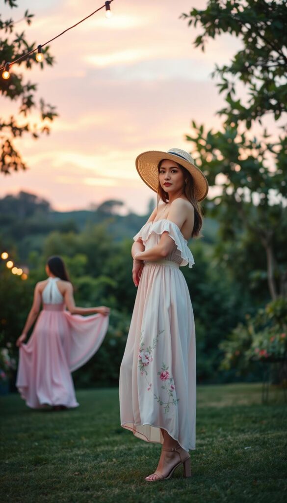 Romantic summer fashion evening looks: A serene garden at dusk, with string lights illuminating the scene. In the foreground, a model poses gracefully in a flowing, off-the-shoulder maxi dress in a soft pastel shade, accentuated by delicate floral embroidery. Her accessories include a wide-brimmed sun hat and strappy heeled sandals. In the middle ground, another model twirls in a knee-length halter dress in a vibrant, sunset-inspired hue, cinched at the waist with a delicate belt. The background features a lush, verdant landscape, with the silhouettes of swaying trees and a glowing, golden-pink sky overhead, creating a warm, romantic atmosphere. Romantic summer fashion evening looks: A serene garden at dusk, with string lights illuminating the scene. In the foreground, a model poses gracefully in a flowing, off-the-shoulder maxi dress in a soft pastel shade, accentuated by delicate floral embroidery. Her accessories include a wide-brimmed sun hat and strappy heeled sandals. In the middle ground, another model twirls in a knee-length halter dress in a vibrant, sunset-inspired hue, cinched at the waist with a delicate belt. The background features a lush, verdant landscape, with the silhouettes of swaying trees and a glowing, golden-pink sky overhead, creating a warm, romantic atmosphere.