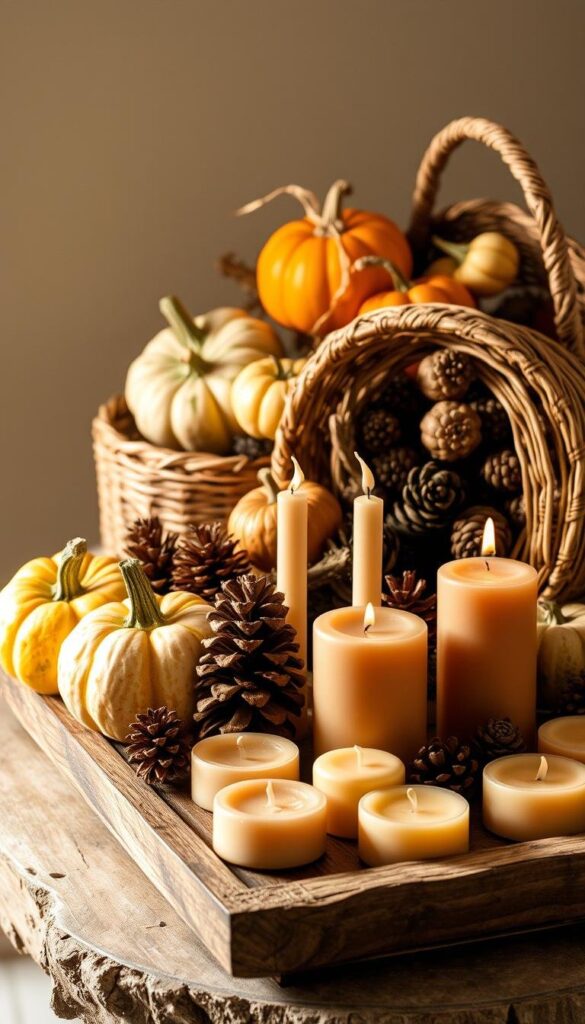 Seasonal accent pieces for a cozy, inviting focal point. A warm, autumnal arrangement of decorative gourds, a woven basket overflowing with pinecones, and a rustic wooden tray showcasing an assortment of candles in earthy tones. Soft, diffused lighting casts a gentle glow, creating an intimate, atmospheric scene. The items are artfully displayed on a wooden or stone surface, evoking a sense of natural, seasonal charm. The composition is balanced and visually appealing, drawing the eye to the center of the frame. An elegant, timeless tableau that evolves with the changing seasons, maintaining visual interest and a harmonious focal point. Seasonal accent pieces for a cozy, inviting focal point. A warm, autumnal arrangement of decorative gourds, a woven basket overflowing with pinecones, and a rustic wooden tray showcasing an assortment of candles in earthy tones. Soft, diffused lighting casts a gentle glow, creating an intimate, atmospheric scene. The items are artfully displayed on a wooden or stone surface, evoking a sense of natural, seasonal charm. The composition is balanced and visually appealing, drawing the eye to the center of the frame. An elegant, timeless tableau that evolves with the changing seasons, maintaining visual interest and a harmonious focal point.
