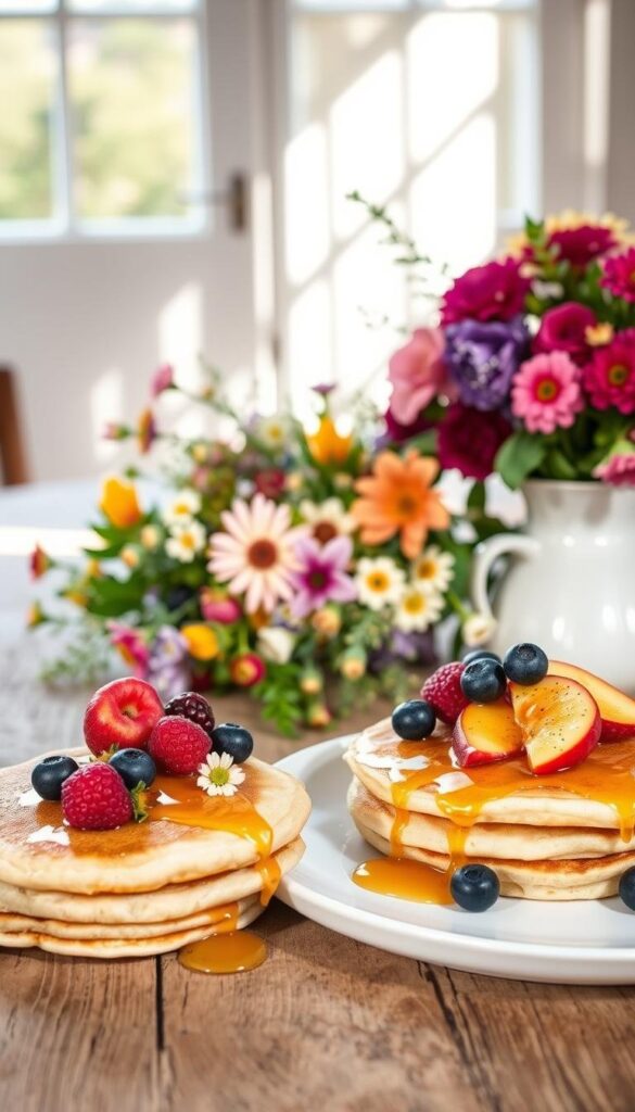 Seasonal pancake recipes with spring fruits - a delicate breakfast display. Fluffy pancakes in the foreground, topped with freshly picked berries, ripe peach slices, and a drizzle of golden honey. A vibrant arrangement of edible flowers and herbs in the middle ground, casting soft shadows. The background features a rustic wooden table, with natural light streaming through large windows, creating a warm, airy atmosphere. Soft, diffused lighting enhances the natural colors and textures, giving the scene a serene, inviting feel. Captured with a wide-angle lens to showcase the entire composition, this image embodies the essence of a nourishing, seasonal spring-inspired meal. Seasonal pancake recipes with spring fruits - a delicate breakfast display. Fluffy pancakes in the foreground, topped with freshly picked berries, ripe peach slices, and a drizzle of golden honey. A vibrant arrangement of edible flowers and herbs in the middle ground, casting soft shadows. The background features a rustic wooden table, with natural light streaming through large windows, creating a warm, airy atmosphere. Soft, diffused lighting enhances the natural colors and textures, giving the scene a serene, inviting feel. Captured with a wide-angle lens to showcase the entire composition, this image embodies the essence of a nourishing, seasonal spring-inspired meal.