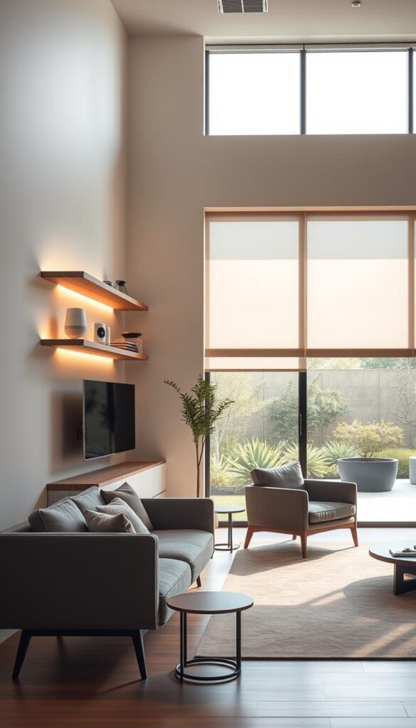 Sleek and modern smart home interior, bathed in warm, natural lighting. Minimalist living room with floating shelves displaying smart home devices - voice assistant, smart thermostat, security camera. Mid-century inspired furniture in muted tones. Clean lines and uncluttered aesthetic throughout. Subtle ambient lighting, automated shades draw open to reveal floor-to-ceiling windows overlooking a tranquil garden. Harmonious blend of technology and organic design elements creates a serene, high-tech sanctuary. Sleek and modern smart home interior, bathed in warm, natural lighting. Minimalist living room with floating shelves displaying smart home devices - voice assistant, smart thermostat, security camera. Mid-century inspired furniture in muted tones. Clean lines and uncluttered aesthetic throughout. Subtle ambient lighting, automated shades draw open to reveal floor-to-ceiling windows overlooking a tranquil garden. Harmonious blend of technology and organic design elements creates a serene, high-tech sanctuary.