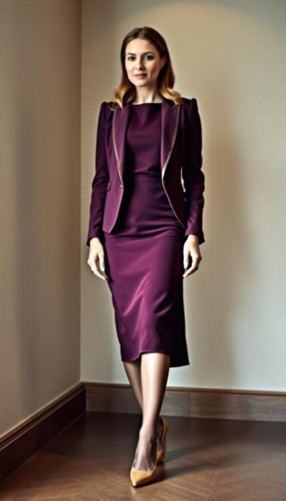 Sophisticated office style dress combinations for winter workplace fashion. A chic, well-tailored long-sleeved midi dress in a rich jewel-toned color, accented by a tailored blazer in a complimentary hue. Sheer tights and sleek leather pumps in a neutral tone complete the look. Soft, indirect lighting creates a warm, professional ambiance. Photographed from a slight angle to capture the full outfit silhouette. Emphasis on clean lines, elegant textures, and a polished, put-together aesthetic suitable for the winter office. Sophisticated office style dress combinations for winter workplace fashion. A chic, well-tailored long-sleeved midi dress in a rich jewel-toned color, accented by a tailored blazer in a complimentary hue. Sheer tights and sleek leather pumps in a neutral tone complete the look. Soft, indirect lighting creates a warm, professional ambiance. Photographed from a slight angle to capture the full outfit silhouette. Emphasis on clean lines, elegant textures, and a polished, put-together aesthetic suitable for the winter office.