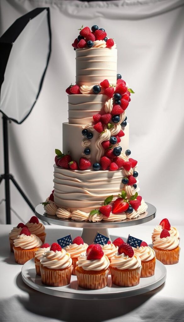 Stunning cake presentations against a pristine white backdrop, with dramatic lighting casting dramatic shadows and highlights. In the foreground, a towering tiered cake adorned with delicate piped frosting, cascading fresh berries, and shimmering edible gold leaf. In the middle ground, an assortment of meticulously decorated cupcakes, each a miniature work of art. The background features a professional-grade camera setup, with a large softbox diffusing the light for a polished, high-end aesthetic. The overall mood is one of elegance, precision, and mouthwatering temptation, perfectly capturing the essence of an extraordinary 4th of July cake display. Stunning cake presentations against a pristine white backdrop, with dramatic lighting casting dramatic shadows and highlights. In the foreground, a towering tiered cake adorned with delicate piped frosting, cascading fresh berries, and shimmering edible gold leaf. In the middle ground, an assortment of meticulously decorated cupcakes, each a miniature work of art. The background features a professional-grade camera setup, with a large softbox diffusing the light for a polished, high-end aesthetic. The overall mood is one of elegance, precision, and mouthwatering temptation, perfectly capturing the essence of an extraordinary 4th of July cake display.