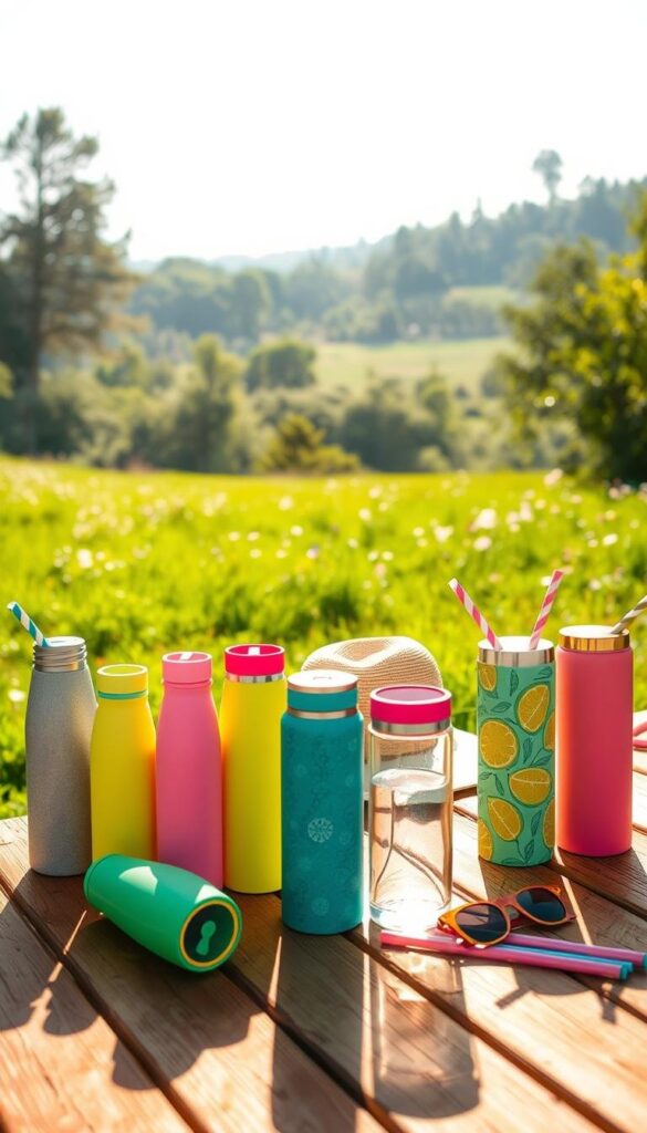 Summer Hydration Accessories A serene outdoor scene, bathed in warm afternoon sunlight. In the foreground, an array of vibrant, colorful water bottles, insulated tumblers, and reusable straws arranged neatly on a wooden picnic table. The bottles feature sleek, modern designs with playful patterns and textures. In the middle ground, a wide-brimmed sun hat and a pair of retro-style sunglasses rest casually. The background depicts a lush, verdant landscape - a grassy meadow dotted with wildflowers, with a hazy, sun-dappled forest in the distance. The overall atmosphere is one of relaxation, refreshment, and effortless summer style. Summer Hydration Accessories A serene outdoor scene, bathed in warm afternoon sunlight. In the foreground, an array of vibrant, colorful water bottles, insulated tumblers, and reusable straws arranged neatly on a wooden picnic table. The bottles feature sleek, modern designs with playful patterns and textures. In the middle ground, a wide-brimmed sun hat and a pair of retro-style sunglasses rest casually. The background depicts a lush, verdant landscape - a grassy meadow dotted with wildflowers, with a hazy, sun-dappled forest in the distance. The overall atmosphere is one of relaxation, refreshment, and effortless summer style.