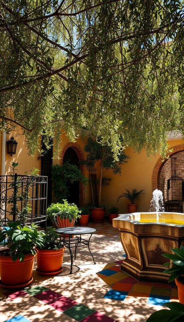 Sunlit courtyard with Mediterranean-inspired decor: terracotta pots overflowing with lush greenery, a wrought-iron bistro set nestled in the shade of a sprawling olive tree, and a weathered stone fountain bubbling softly. Dappled light filters through the canopy, casting warm, golden hues across the scene. Colorful ceramic tiles line the patio, complementing the earthy tones of the natural materials. A gentle breeze carries the scent of blooming jasmine, creating a serene and inviting atmosphere. Wide-angle lens, natural lighting, high depth of field to capture the layered details of this tranquil outdoor oasis. Sunlit courtyard with Mediterranean-inspired decor: terracotta pots overflowing with lush greenery, a wrought-iron bistro set nestled in the shade of a sprawling olive tree, and a weathered stone fountain bubbling softly. Dappled light filters through the canopy, casting warm, golden hues across the scene. Colorful ceramic tiles line the patio, complementing the earthy tones of the natural materials. A gentle breeze carries the scent of blooming jasmine, creating a serene and inviting atmosphere. Wide-angle lens, natural lighting, high depth of field to capture the layered details of this tranquil outdoor oasis.