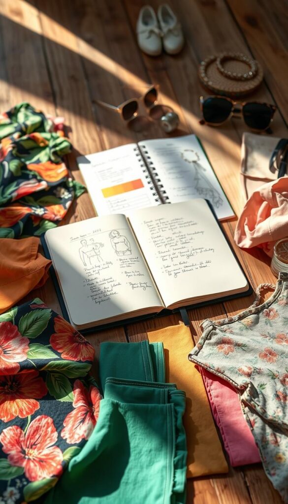 Vacation color palette planning: a neatly organized array of vibrant tropical hues, laid out on a wooden surface. Soft, natural lighting bathes the scene, casting gentle shadows. In the foreground, various swatches of fabric, from bold floral prints to pastel solids, are carefully arranged. The middle ground features an open sketchbook, its pages filled with sketches and notes, hinting at the creative process behind wardrobe selection. In the background, a few carefully curated accessories, such as sunglasses and jewelry, add depth and texture to the composition. The overall mood is one of thoughtful, stylish preparation, capturing the essence of planning a vacation wardrobe that balances fashion and practicality. Vacation color palette planning: a neatly organized array of vibrant tropical hues, laid out on a wooden surface. Soft, natural lighting bathes the scene, casting gentle shadows. In the foreground, various swatches of fabric, from bold floral prints to pastel solids, are carefully arranged. The middle ground features an open sketchbook, its pages filled with sketches and notes, hinting at the creative process behind wardrobe selection. In the background, a few carefully curated accessories, such as sunglasses and jewelry, add depth and texture to the composition. The overall mood is one of thoughtful, stylish preparation, capturing the essence of planning a vacation wardrobe that balances fashion and practicality.