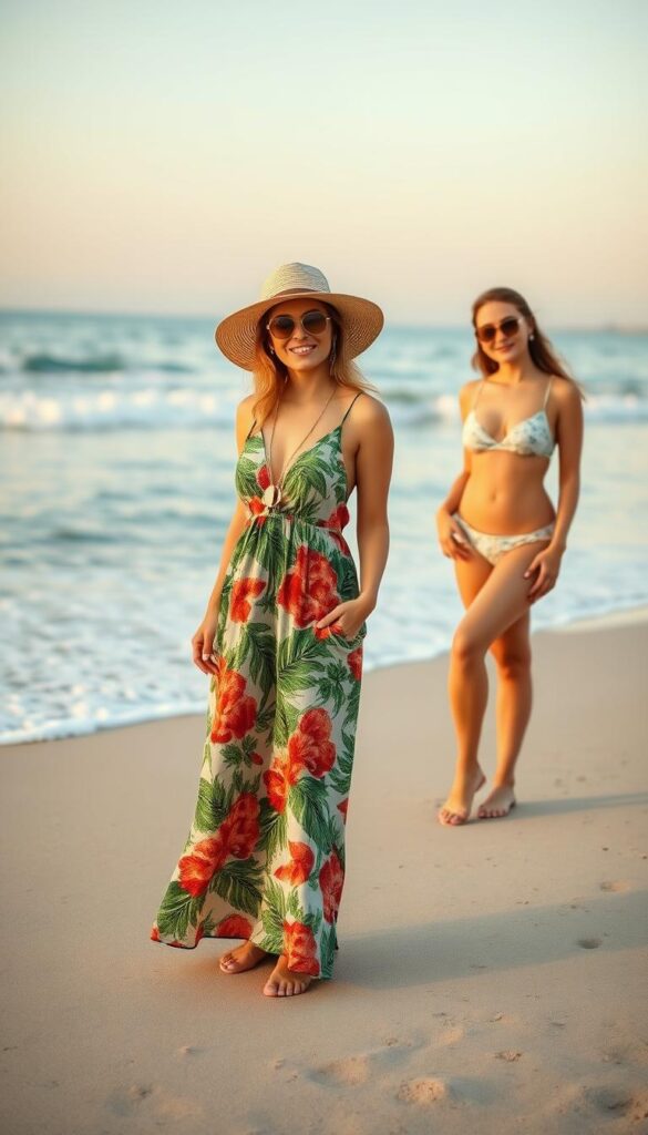 Versatile beach outfits for different occasions: a fashionable woman stands confidently on a sandy beach, modeling a chic yet casual ensemble. In the foreground, she wears a flowy maxi dress in a vibrant tropical print, accessorized with a straw hat and delicate jewelry. In the middle ground, a stylish swimsuit-and-shorts combination is highlighted, perfect for a day of swimming and sun-soaking. In the background, the picturesque seascape sets the scene, with gentle waves lapping at the shore and a warm, golden glow from the setting sun. The lighting is soft and natural, capturing the relaxed yet sophisticated vibe of the beach. A lens with a shallow depth of field blurs the background, keeping the focus on the model and her versatile, on-trend outfits. Versatile beach outfits for different occasions: a fashionable woman stands confidently on a sandy beach, modeling a chic yet casual ensemble. In the foreground, she wears a flowy maxi dress in a vibrant tropical print, accessorized with a straw hat and delicate jewelry. In the middle ground, a stylish swimsuit-and-shorts combination is highlighted, perfect for a day of swimming and sun-soaking. In the background, the picturesque seascape sets the scene, with gentle waves lapping at the shore and a warm, golden glow from the setting sun. The lighting is soft and natural, capturing the relaxed yet sophisticated vibe of the beach. A lens with a shallow depth of field blurs the background, keeping the focus on the model and her versatile, on-trend outfits.