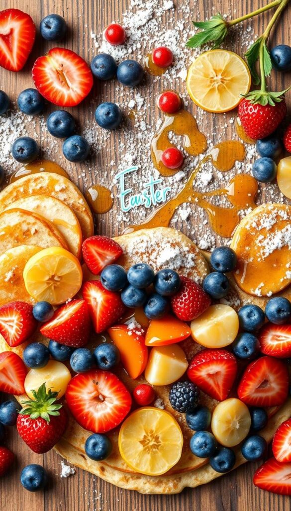 Vibrant and appetizing array of colorful pancake toppings across a rustic wooden backdrop. An assortment of fresh berries, sliced fruit, drizzled syrups, and a sprinkle of powdered sugar fill the frame, creating a delightful and visually enticing display. Soft, natural lighting illuminates the scene, highlighting the textures and vibrant hues. The composition is balanced, with the toppings arranged in an artful, eye-catching manner. An inviting and whimsical atmosphere, perfect for decorating Easter-themed pancakes for a family breakfast. Vibrant and appetizing array of colorful pancake toppings across a rustic wooden backdrop. An assortment of fresh berries, sliced fruit, drizzled syrups, and a sprinkle of powdered sugar fill the frame, creating a delightful and visually enticing display. Soft, natural lighting illuminates the scene, highlighting the textures and vibrant hues. The composition is balanced, with the toppings arranged in an artful, eye-catching manner. An inviting and whimsical atmosphere, perfect for decorating Easter-themed pancakes for a family breakfast.