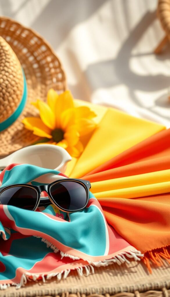 Vibrant palette of summer 2023 fashion trends, captured in a dynamic still life. Foreground features a mix of chic accessories - a woven straw hat, sleek sunglasses, and a colorful silk scarf. Middle ground showcases bold fabric swatches in trending hues: vivid coral, tropical turquoise, sun-kissed yellow, and rich terracotta. Background has a soft, airy atmosphere with hints of natural textures like linen and rattan. Lighting is warm and diffused, creating a relaxed, summery ambiance. The overall composition conveys a sense of effortless style and captivating color harmony. Vibrant palette of summer 2023 fashion trends, captured in a dynamic still life. Foreground features a mix of chic accessories - a woven straw hat, sleek sunglasses, and a colorful silk scarf. Middle ground showcases bold fabric swatches in trending hues: vivid coral, tropical turquoise, sun-kissed yellow, and rich terracotta. Background has a soft, airy atmosphere with hints of natural textures like linen and rattan. Lighting is warm and diffused, creating a relaxed, summery ambiance. The overall composition conveys a sense of effortless style and captivating color harmony.