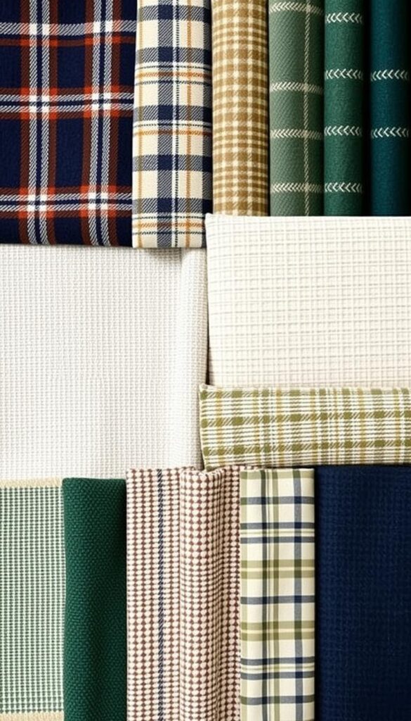 Vibrant, textured fabric patterns in a classic preppy style. A collage of refined, preppy-inspired textile designs featuring timeless motifs like plaid, gingham, herringbone, and small-scale geometric patterns. Soft, muted color palettes of navy, forest green, khaki, and crisp white create a refined, sophisticated look. Intricate weaves, soft textures, and delicate patterns come together to form a cohesive, high-end assortment of preppy home accents textiles, suitable for upholstery, curtains, and accent pieces. Artfully composed in a well-lit, natural setting to showcase the tactile, luxurious quality of the fabrics. Vibrant, textured fabric patterns in a classic preppy style. A collage of refined, preppy-inspired textile designs featuring timeless motifs like plaid, gingham, herringbone, and small-scale geometric patterns. Soft, muted color palettes of navy, forest green, khaki, and crisp white create a refined, sophisticated look. Intricate weaves, soft textures, and delicate patterns come together to form a cohesive, high-end assortment of preppy home accents textiles, suitable for upholstery, curtains, and accent pieces. Artfully composed in a well-lit, natural setting to showcase the tactile, luxurious quality of the fabrics.