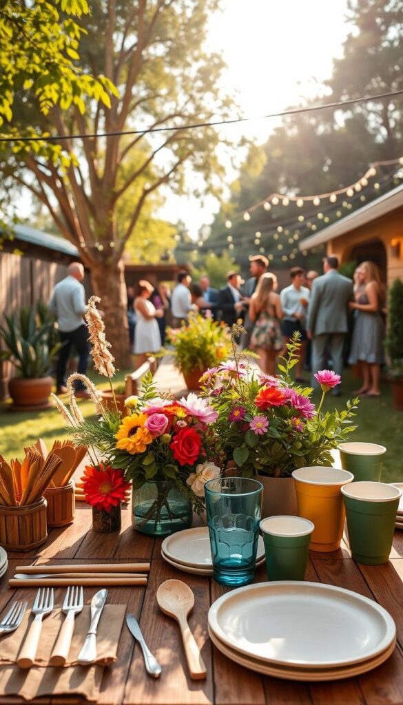 Warm, natural daylight illuminates a serene backyard scene. In the foreground, an assortment of eco-friendly party supplies - bamboo utensils, plant-based plates, and reusable cups - are neatly arranged on a rustic wooden table. Vibrant floral arrangements and lush potted plants adorn the middle ground, creating a lively and sustainable ambiance. In the background, guests mingle and enjoy each other's company, surrounded by string lights and the gentle sway of trees, capturing the essence of a joyful, eco-conscious gathering. Warm, natural daylight illuminates a serene backyard scene. In the foreground, an assortment of eco-friendly party supplies - bamboo utensils, plant-based plates, and reusable cups - are neatly arranged on a rustic wooden table. Vibrant floral arrangements and lush potted plants adorn the middle ground, creating a lively and sustainable ambiance. In the background, guests mingle and enjoy each other's company, surrounded by string lights and the gentle sway of trees, capturing the essence of a joyful, eco-conscious gathering.