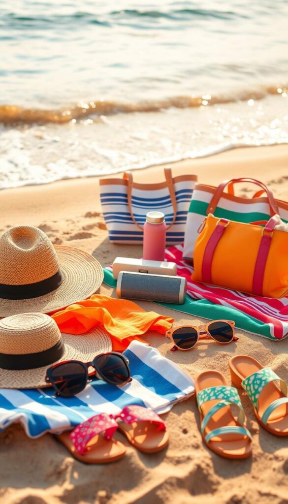 Warm, sun-drenched scene of summer accessories laid out on a sandy beach, with gentle waves lapping at the shore in the background. In the foreground, a vibrant array of straw hats, colorful beach towels, oversized sunglasses, and sandals in various styles and patterns. The middle ground features a portable speaker, a chic tote bag, and a sleek water bottle, all in eye-catching, summery hues. Soft, diffused natural lighting casts a golden glow over the scene, evoking a sense of relaxation and carefree summer days. The overall atmosphere is one of effortless style and affordable luxury, perfect for capturing the essence of must-have summer accessories. Warm, sun-drenched scene of summer accessories laid out on a sandy beach, with gentle waves lapping at the shore in the background. In the foreground, a vibrant array of straw hats, colorful beach towels, oversized sunglasses, and sandals in various styles and patterns. The middle ground features a portable speaker, a chic tote bag, and a sleek water bottle, all in eye-catching, summery hues. Soft, diffused natural lighting casts a golden glow over the scene, evoking a sense of relaxation and carefree summer days. The overall atmosphere is one of effortless style and affordable luxury, perfect for capturing the essence of must-have summer accessories.