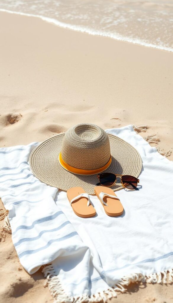 Warm, sunny beach scene with essential coastal fashion items laid out in the foreground. A soft, sandy beach and gentle waves in the background. Crisp, white towel, straw hat, sunglasses, and flip-flops neatly arranged in the center. Subtle, natural lighting from a high angle, creating soft shadows. Vibrant, saturated colors evoke a relaxed, summer atmosphere. Minimal clutter, clean composition that highlights the key fashion elements. The overall mood is breezy, carefree, and quintessentially seaside. Warm, sunny beach scene with essential coastal fashion items laid out in the foreground. A soft, sandy beach and gentle waves in the background. Crisp, white towel, straw hat, sunglasses, and flip-flops neatly arranged in the center. Subtle, natural lighting from a high angle, creating soft shadows. Vibrant, saturated colors evoke a relaxed, summer atmosphere. Minimal clutter, clean composition that highlights the key fashion elements. The overall mood is breezy, carefree, and quintessentially seaside.
