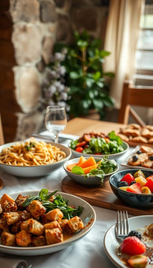 a beautifully styled table setting with a variety of meatless dish options, including a steaming pasta dish, a fresh green salad, roasted vegetables, and a colorful fruit dessert, all presented in an inviting, cozy, and family-friendly atmosphere with soft, warm lighting and a natural, rustic backdrop, creating a welcoming and satisfying meatless dinner scene. a beautifully styled table setting with a variety of meatless dish options, including a steaming pasta dish, a fresh green salad, roasted vegetables, and a colorful fruit dessert, all presented in an inviting, cozy, and family-friendly atmosphere with soft, warm lighting and a natural, rustic backdrop, creating a welcoming and satisfying meatless dinner scene.