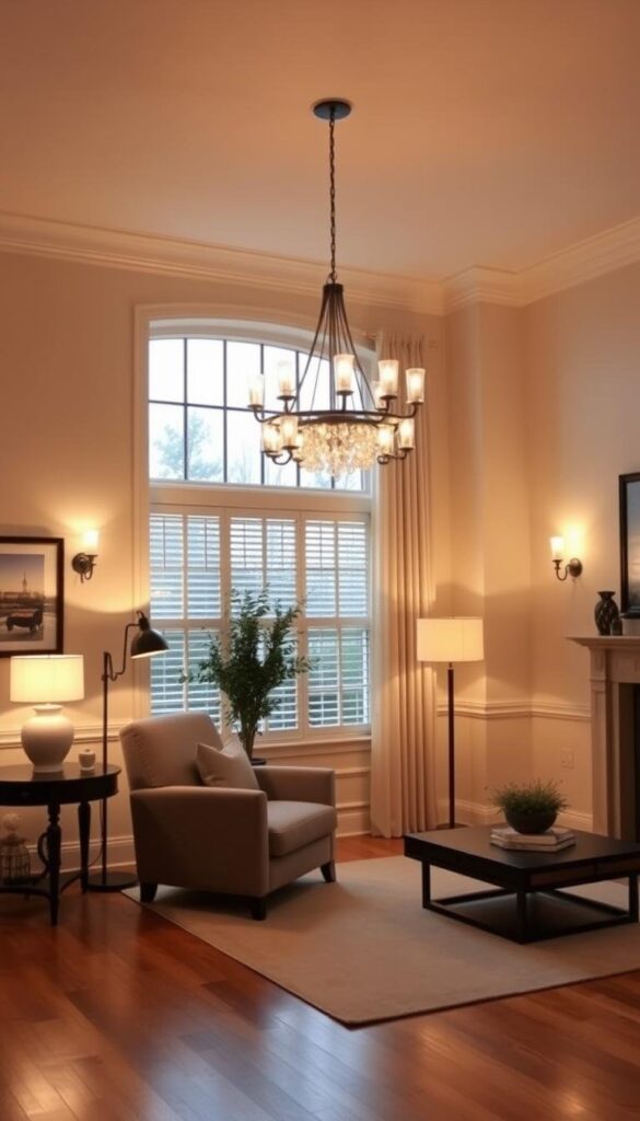a cozy living room with elegant and inviting interior lighting, featuring a modern chandelier casting a warm, ambient glow over a plush armchair and side table, complemented by floor lamps and wall sconces that create a soft, inviting atmosphere, with neutral-toned walls and hardwood floors, a large window allowing natural light to filter in, and carefully curated decor elements that enhance the overall sense of comfort and relaxation a cozy living room with elegant and inviting interior lighting, featuring a modern chandelier casting a warm, ambient glow over a plush armchair and side table, complemented by floor lamps and wall sconces that create a soft, inviting atmosphere, with neutral-toned walls and hardwood floors, a large window allowing natural light to filter in, and carefully curated decor elements that enhance the overall sense of comfort and relaxation