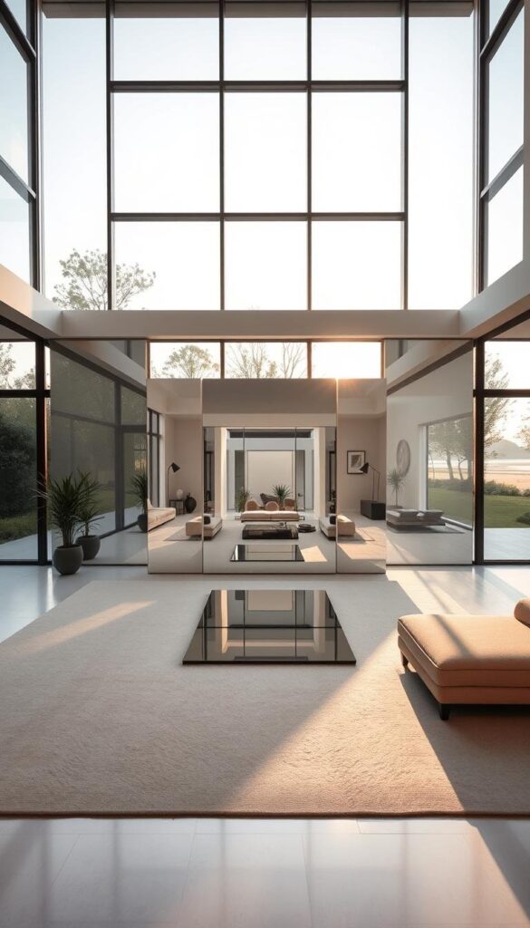 a meticulously arranged scene of a minimalist modern living room with large windows overlooking a serene outdoor space, featuring a central arrangement of strategically placed mirrors that create an illusion of depth and amplify the natural light, casting a warm and inviting ambiance throughout the space, with the mirrors arranged in a visually striking geometric pattern that adds visual interest and a sense of harmony to the overall composition, all captured with a wide-angle lens and soft, diffused lighting to enhance the sense of spaciousness and tranquility a meticulously arranged scene of a minimalist modern living room with large windows overlooking a serene outdoor space, featuring a central arrangement of strategically placed mirrors that create an illusion of depth and amplify the natural light, casting a warm and inviting ambiance throughout the space, with the mirrors arranged in a visually striking geometric pattern that adds visual interest and a sense of harmony to the overall composition, all captured with a wide-angle lens and soft, diffused lighting to enhance the sense of spaciousness and tranquility