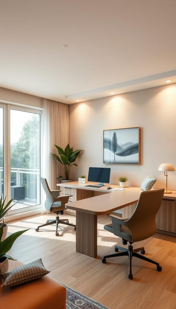 a modern, well-lit home office with a sleek, minimalist design and a harmonious color scheme. The foreground features a spacious, L-shaped desk with a clean, uncluttered surface, positioned near a floor-to-ceiling window that floods the space with natural light. The middle ground showcases ergonomic, low-profile office chairs in a muted, earthy tone that complements the desk. The background depicts a neutral-colored accent wall, accentuated by discreet, recessed lighting that casts a warm, productivity-boosting glow. Pops of vibrant, yet soothing colors, such as sage green or soft blue, are strategically incorporated through accessories like a potted plant, artwork, or a decorative throw pillow, creating an inviting and inspiring atmosphere. a modern, well-lit home office with a sleek, minimalist design and a harmonious color scheme. The foreground features a spacious, L-shaped desk with a clean, uncluttered surface, positioned near a floor-to-ceiling window that floods the space with natural light. The middle ground showcases ergonomic, low-profile office chairs in a muted, earthy tone that complements the desk. The background depicts a neutral-colored accent wall, accentuated by discreet, recessed lighting that casts a warm, productivity-boosting glow. Pops of vibrant, yet soothing colors, such as sage green or soft blue, are strategically incorporated through accessories like a potted plant, artwork, or a decorative throw pillow, creating an inviting and inspiring atmosphere.