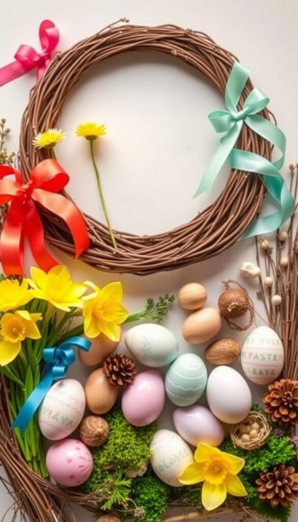 a neatly arranged composition of various DIY Easter wreath supplies, including a grapevine wreath base, vibrant-colored ribbons, spring flowers like daffodils and tulips, painted wooden eggs, and natural elements like twigs, moss, and pinecones, all illuminated by soft, warm lighting that enhances the cozy, homespun atmosphere, photographed from a slight top-down angle to showcase the diverse and inviting assortment of materials ready to be crafted into a beautiful, eco-friendly Easter decoration. a neatly arranged composition of various DIY Easter wreath supplies, including a grapevine wreath base, vibrant-colored ribbons, spring flowers like daffodils and tulips, painted wooden eggs, and natural elements like twigs, moss, and pinecones, all illuminated by soft, warm lighting that enhances the cozy, homespun atmosphere, photographed from a slight top-down angle to showcase the diverse and inviting assortment of materials ready to be crafted into a beautiful, eco-friendly Easter decoration.