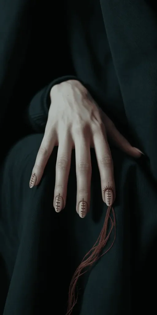 Make your manicure look stitched up with red thread designs across a nude or grey base. Slightly disturbing โ and totally Halloween-approved.