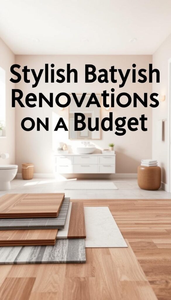 a well-lit, spacious bathroom with a variety of affordable flooring options showcased in a clean, modern layout. the foreground features a selection of tiles, linoleum, and laminate samples arranged neatly on a wooden surface, highlighting their textures, patterns, and colors. the middle ground shows the bathroom setting, with a minimalist vanity, a large mirror, and subtle lighting fixtures that create a warm, inviting atmosphere. the background depicts a neutral-toned wall, creating a balanced and visually appealing composition that emphasizes the flooring options as the focal point. the image conveys a sense of practicality, style, and budget-friendliness, aligning with the subject of stylish bathroom renovations on a budget. a well-lit, spacious bathroom with a variety of affordable flooring options showcased in a clean, modern layout. the foreground features a selection of tiles, linoleum, and laminate samples arranged neatly on a wooden surface, highlighting their textures, patterns, and colors. the middle ground shows the bathroom setting, with a minimalist vanity, a large mirror, and subtle lighting fixtures that create a warm, inviting atmosphere. the background depicts a neutral-toned wall, creating a balanced and visually appealing composition that emphasizes the flooring options as the focal point. the image conveys a sense of practicality, style, and budget-friendliness, aligning with the subject of stylish bathroom renovations on a budget.