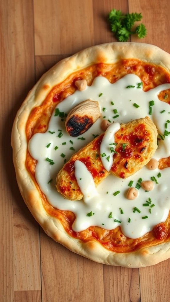 A delicious Alfredo Chicken Pizza topped with creamy sauce, chicken, and herbs on a wooden table.