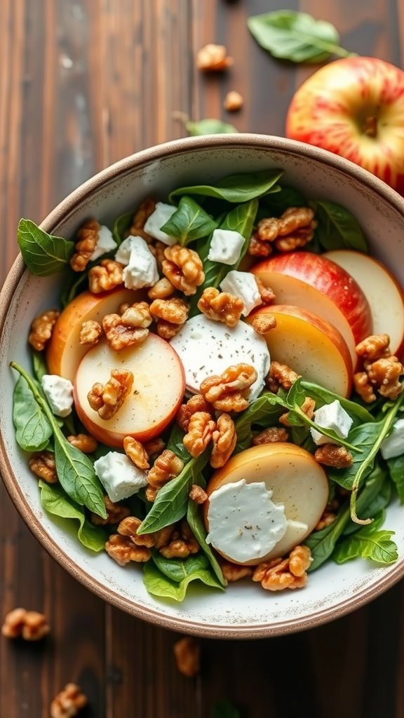 A fresh salad with apples, walnuts, and spinach, topped with goat cheese.