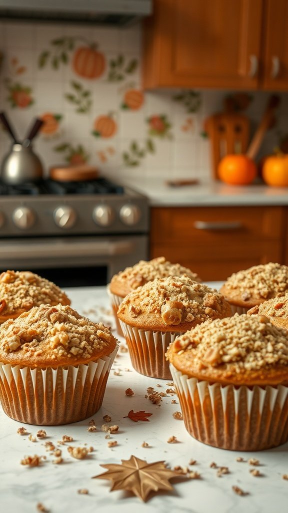 Image of apple cinnamon muffins with streusel topping in a cozy kitchen setting.