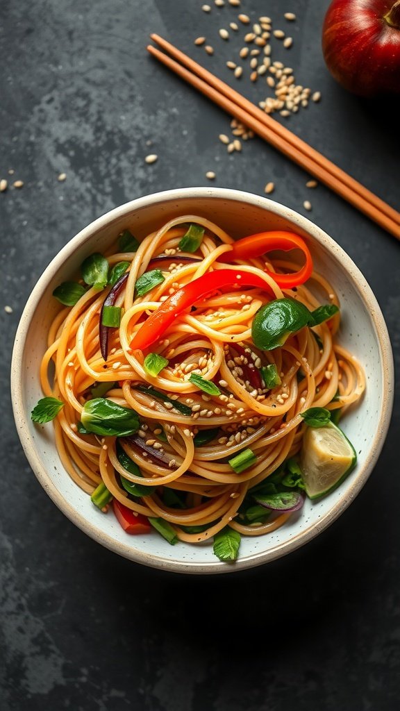 A colorful bowl of Asian sesame noodle salad garnished with vegetables and sesame seeds.