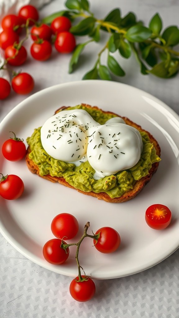 A plate of avocado toast topped with poached eggs and cherry tomatoes