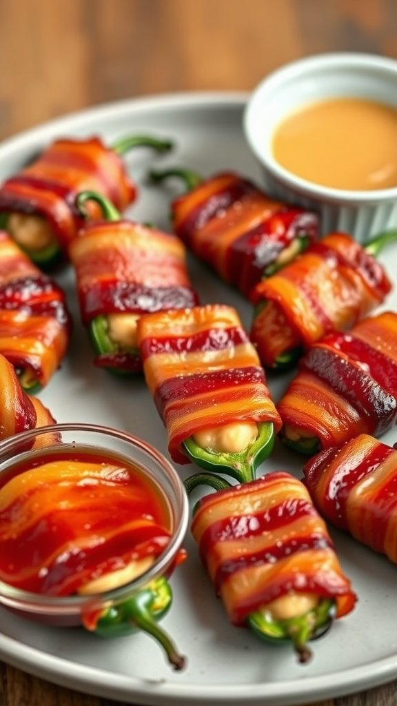 A plate of bacon-wrapped jalapeño poppers with dipping sauces