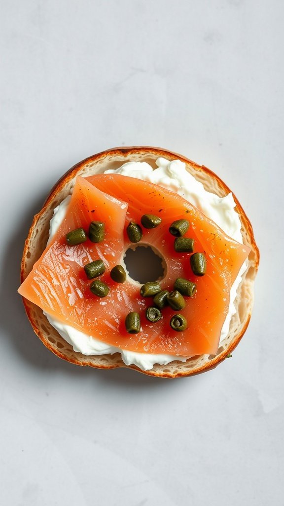 A toasted bagel spread with cream cheese and topped with smoked salmon and capers.